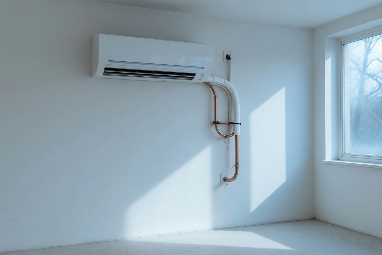 Ar-condicionado split branco recém-instalado numa parede clara.