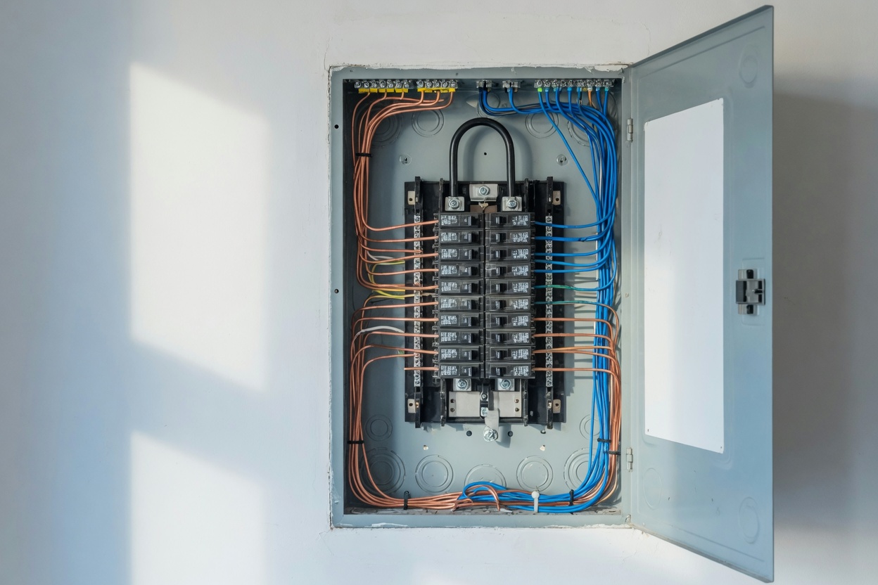 Quadro elétrico aberto, com fiação organizada, numa parede clara.